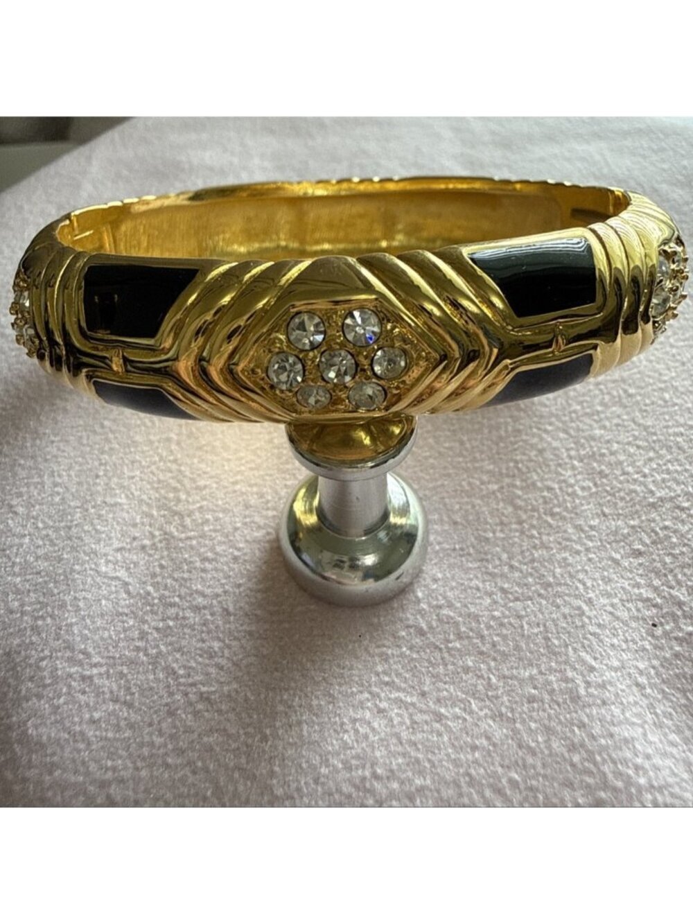 JOAN RIVERS Hinged Bracelet -gold-plated black enamel rhinestone bangle VTG